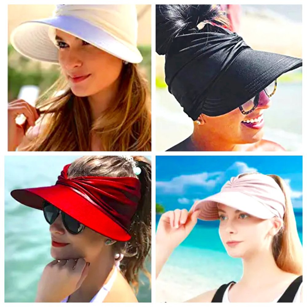 12 Colors of Stretch Turban Style Baseball Visor Beach Hat with Ponytail Opening
